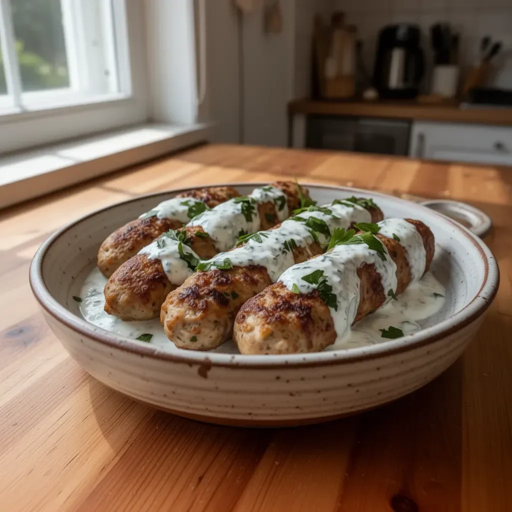 Kofta di pollo con salsa di yogurt all'aglio servita su un piatto