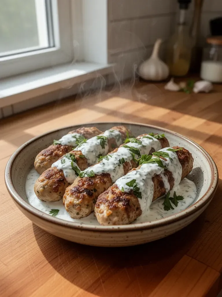 Kofta di pollo con salsa di yogurt all'aglio