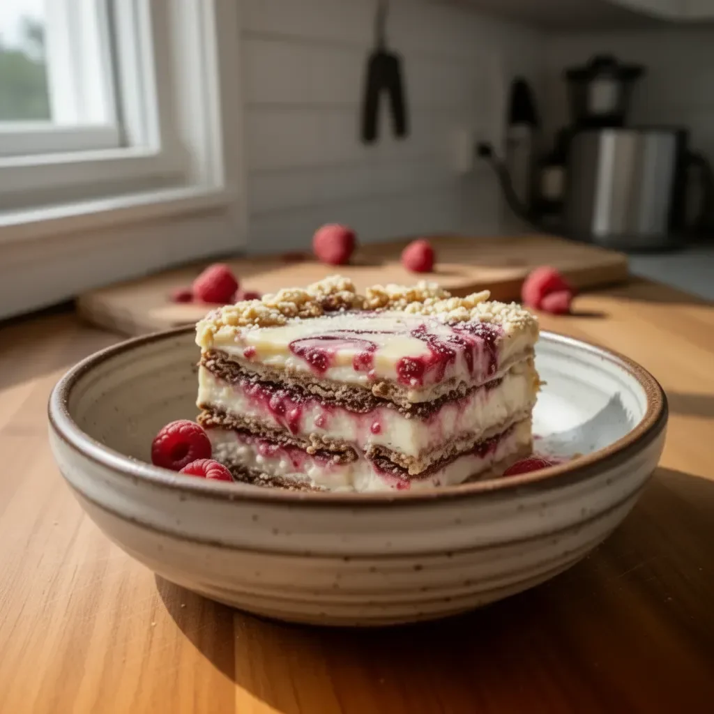 Lasagna cioccolato bianco lampone, dolce innovativo e goloso.