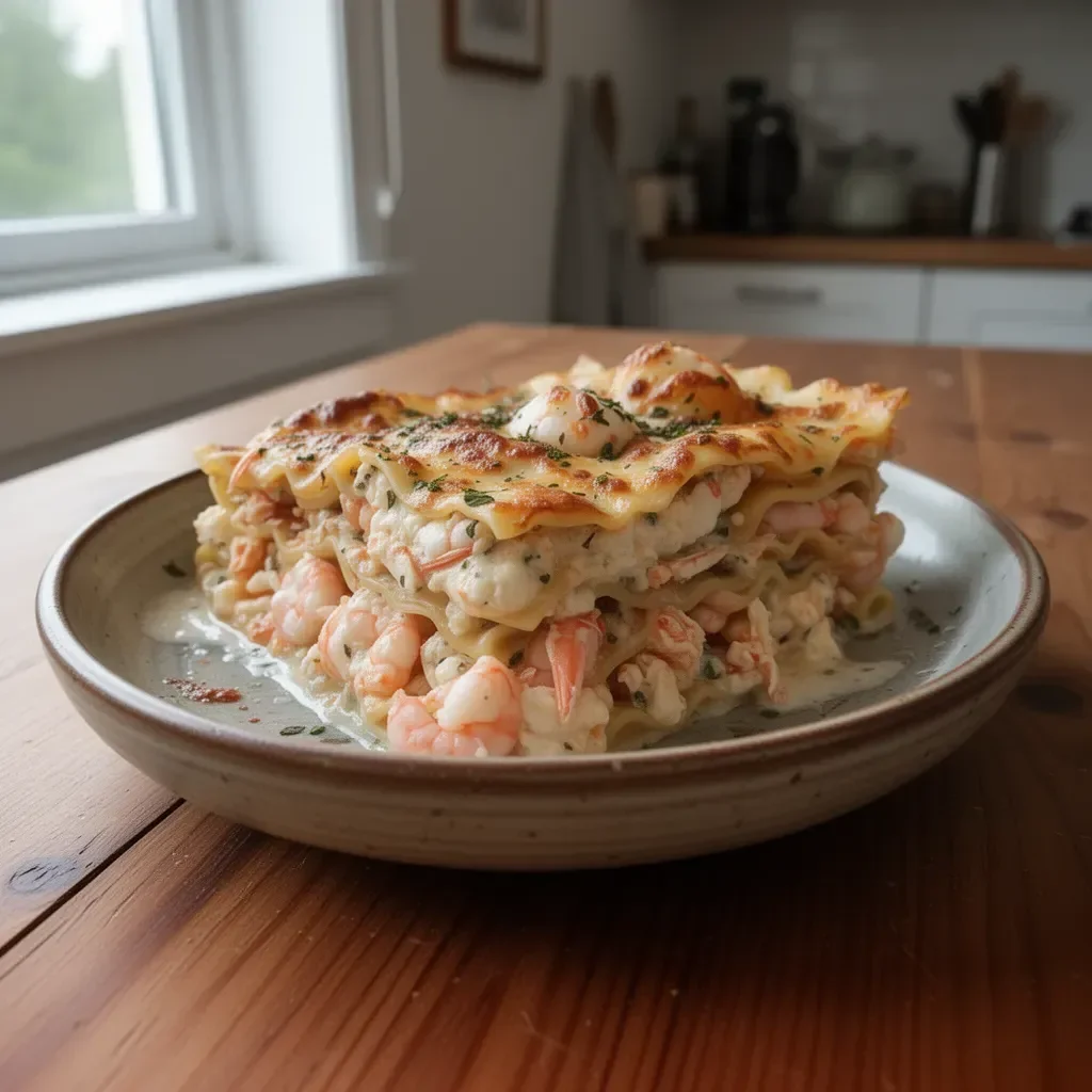 Lasagna di Frutti di Mare con gamberetti e granchio pronta da servire