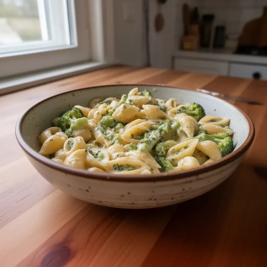 Maccheroni con formaggio e broccoli sani in un piatto appetitoso