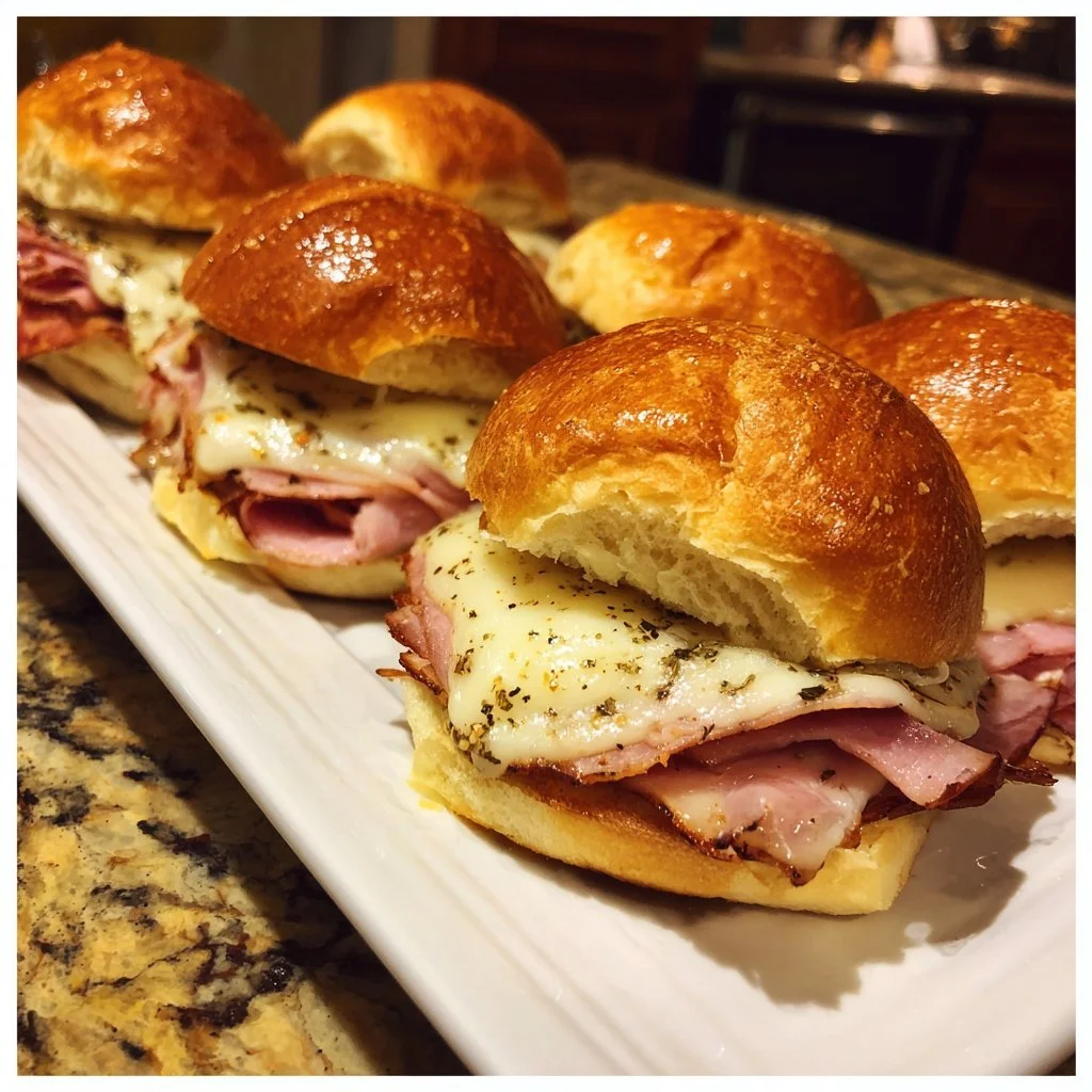 Mini-burger con prosciutto e formaggio Havarti servito su un piatto