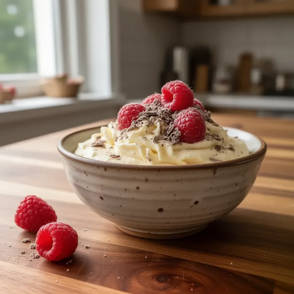 Mousse al cioccolato bianco decorata con lamponi freschi
