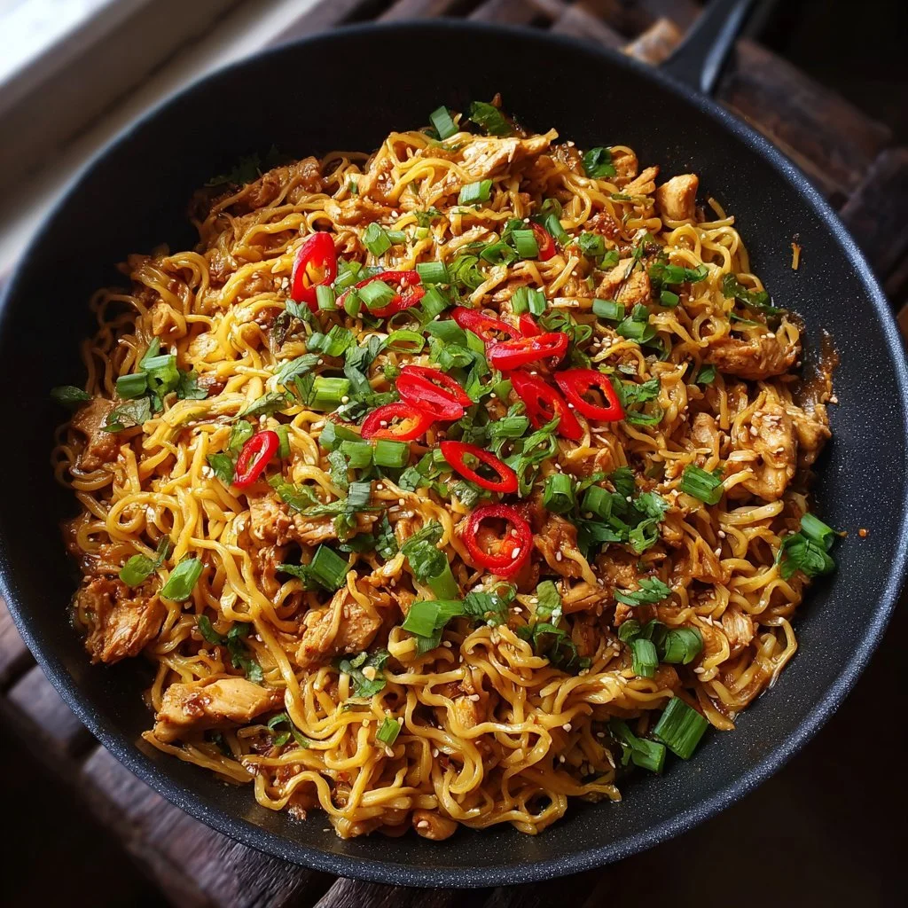Noodles teriyaki al pollo serviti con verdure fresche