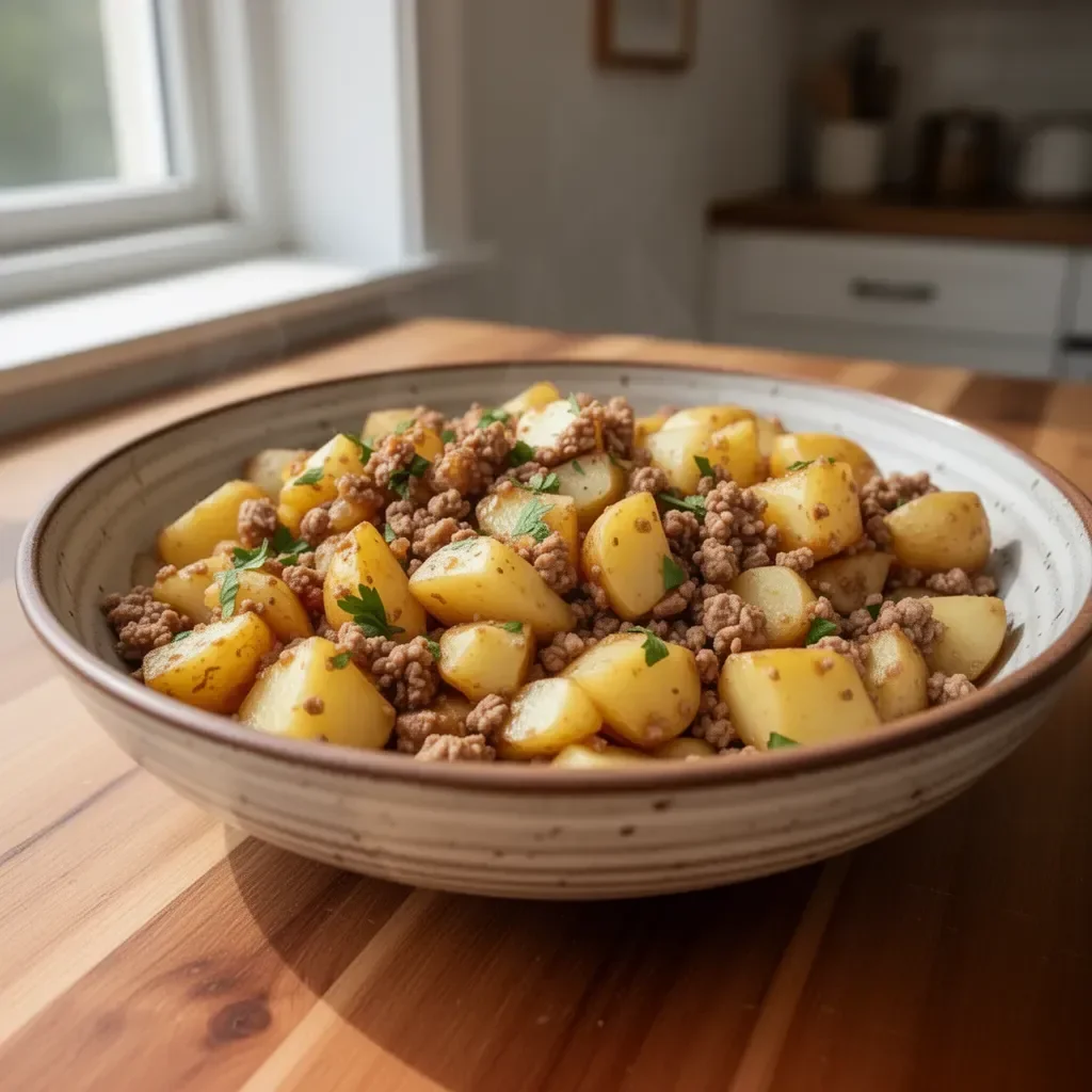 Padella di tacchino macinato con patate cucinata in una pentola