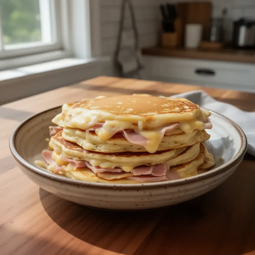 Pancake salati prosciutto e formaggio appena pronti su un piatto.
