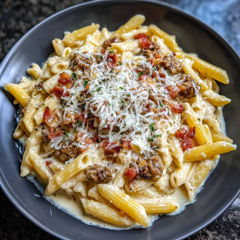 Pasta Alfredo con Cheeseburger al Bacon servita su un piatto