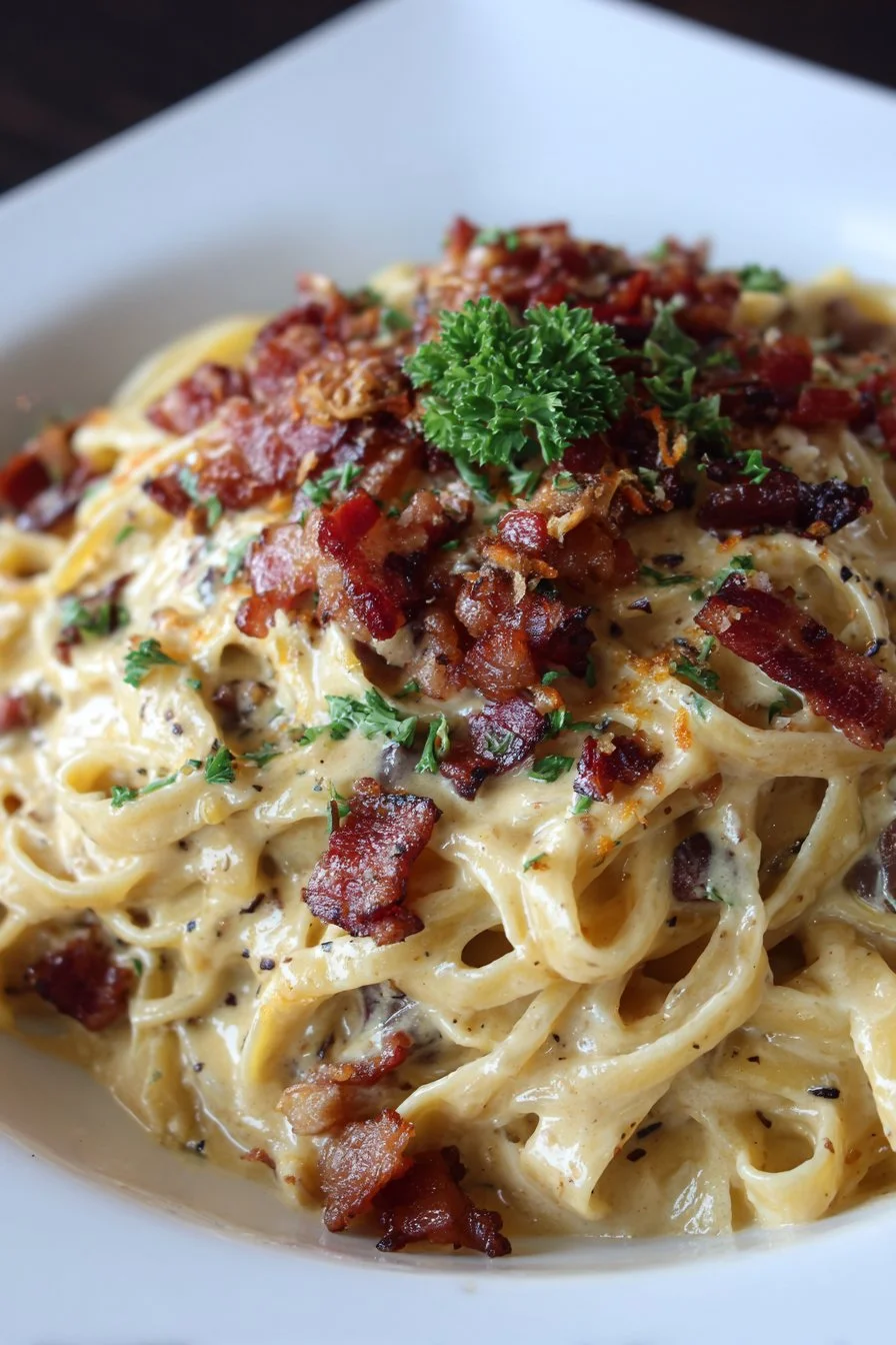Pasta Alfredo con Cheeseburger al Bacon