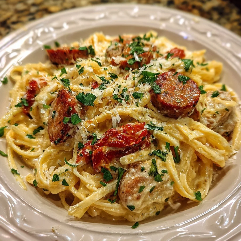 Pasta Alfredo con salsiccia affumicata Cajun su un piatto elegante