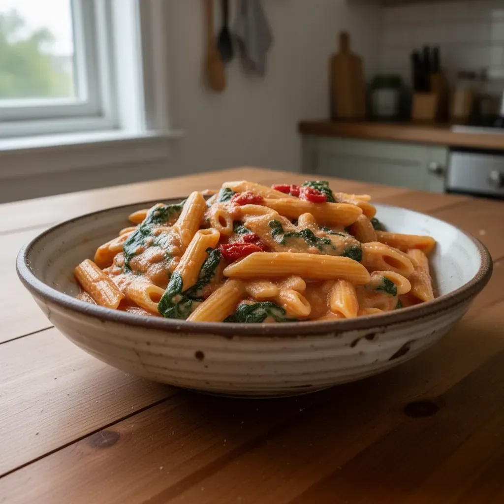 Pasta con spinaci e pomodori, piatto colorato e sano