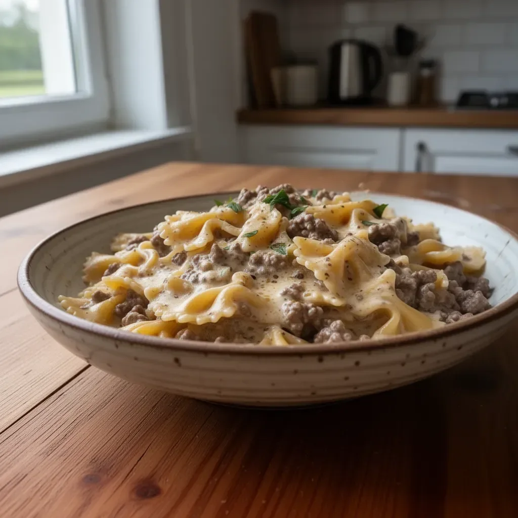 Pasta cremosa al manzo servita in un piatto elegante.