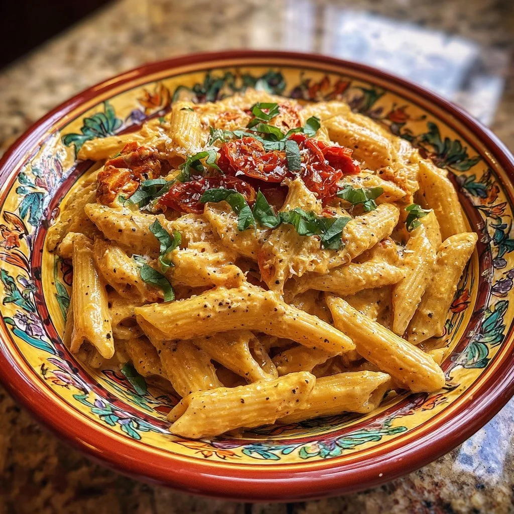 Pasta cremosa con pomodori arrosto alla toscana servita in un piatto colorato.