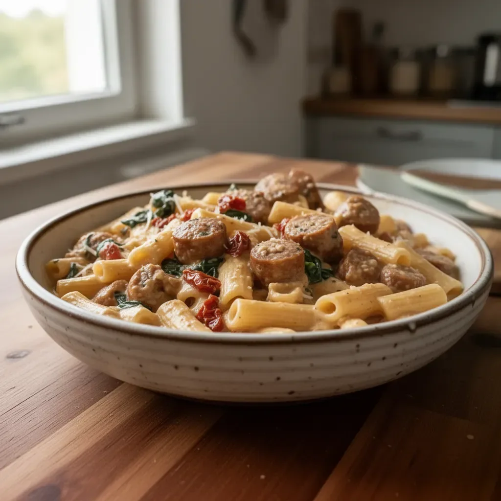 Pasta cremosa con salsicce toscane, un piatto ricco e saporito.