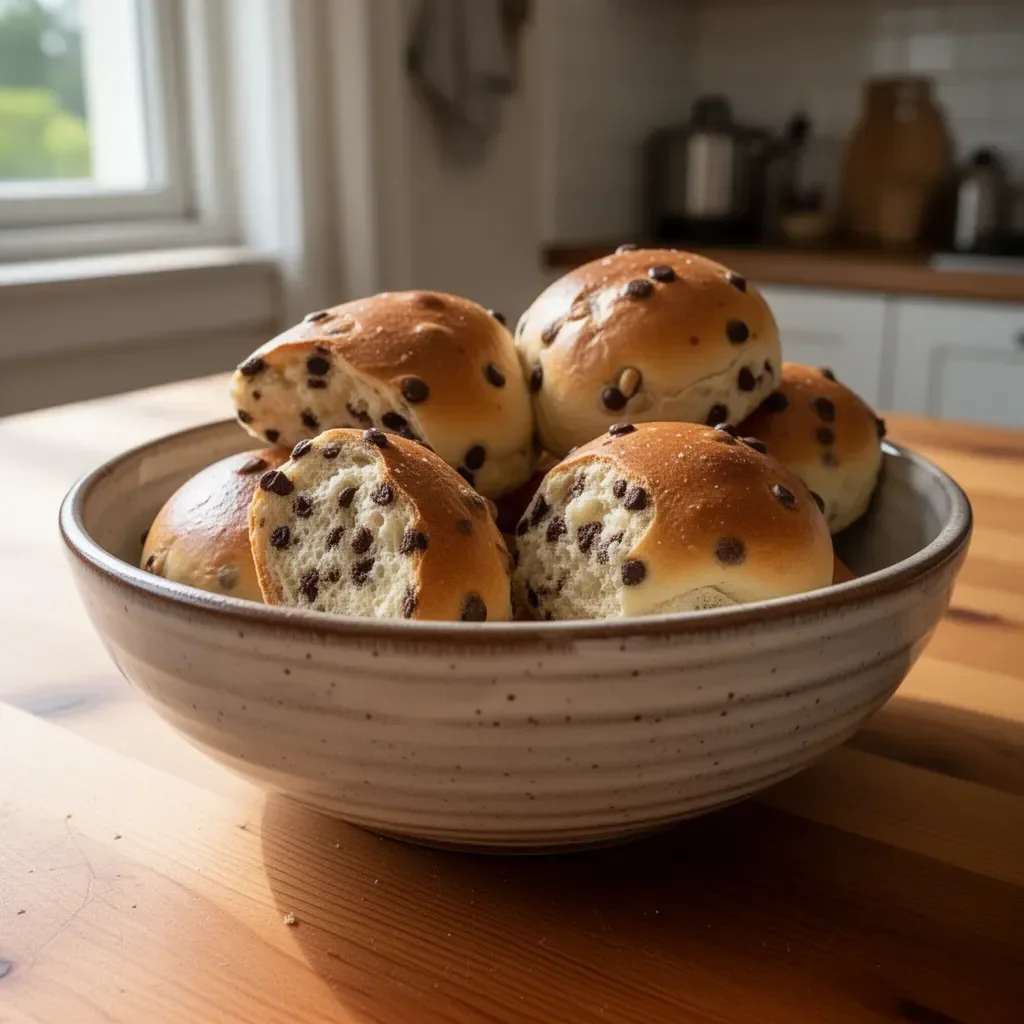 Piccole brioche al latte con gocce di cioccolato appena sfornate