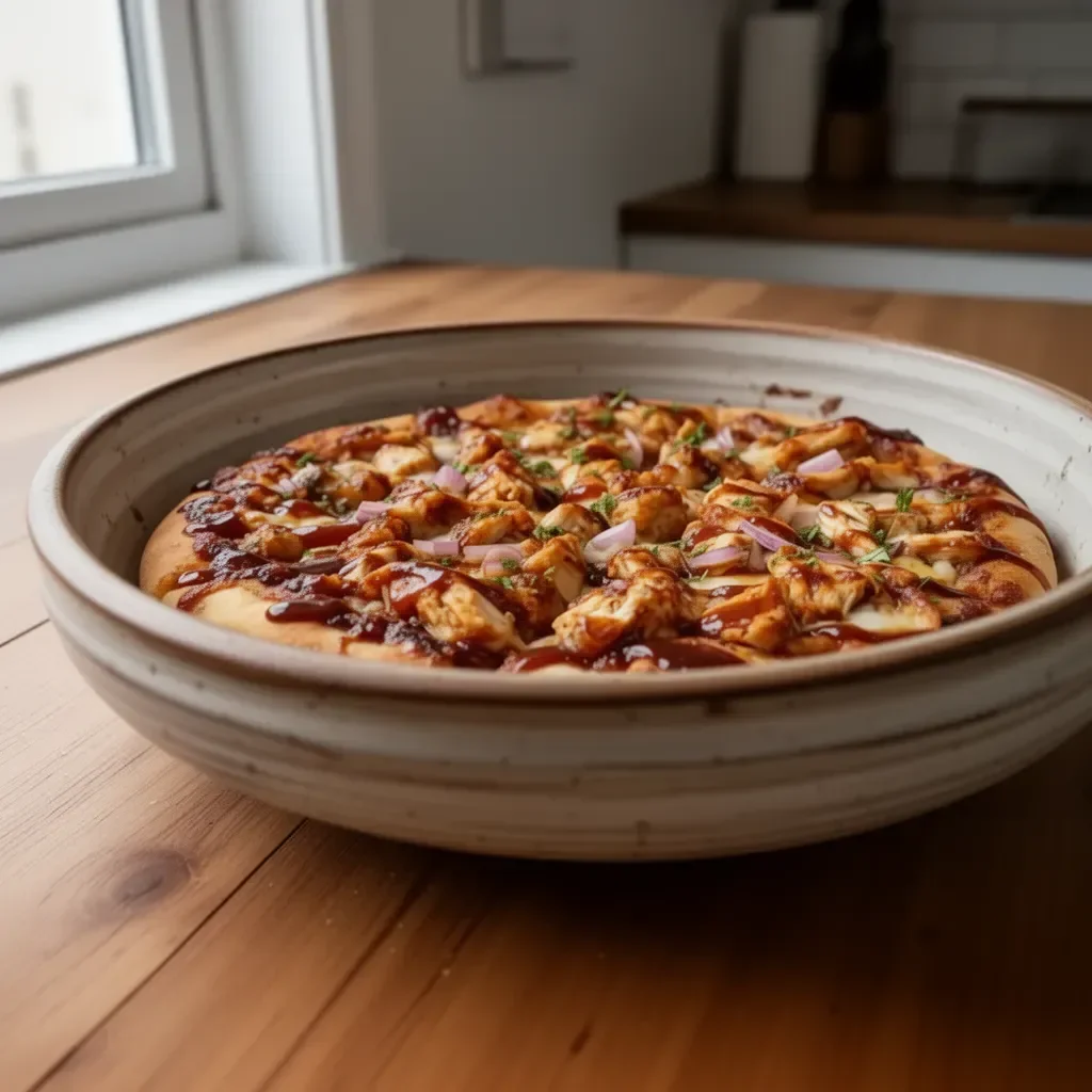 Pizza al pollo BBQ con un mix di ingredienti freschi e salsina barbecue.