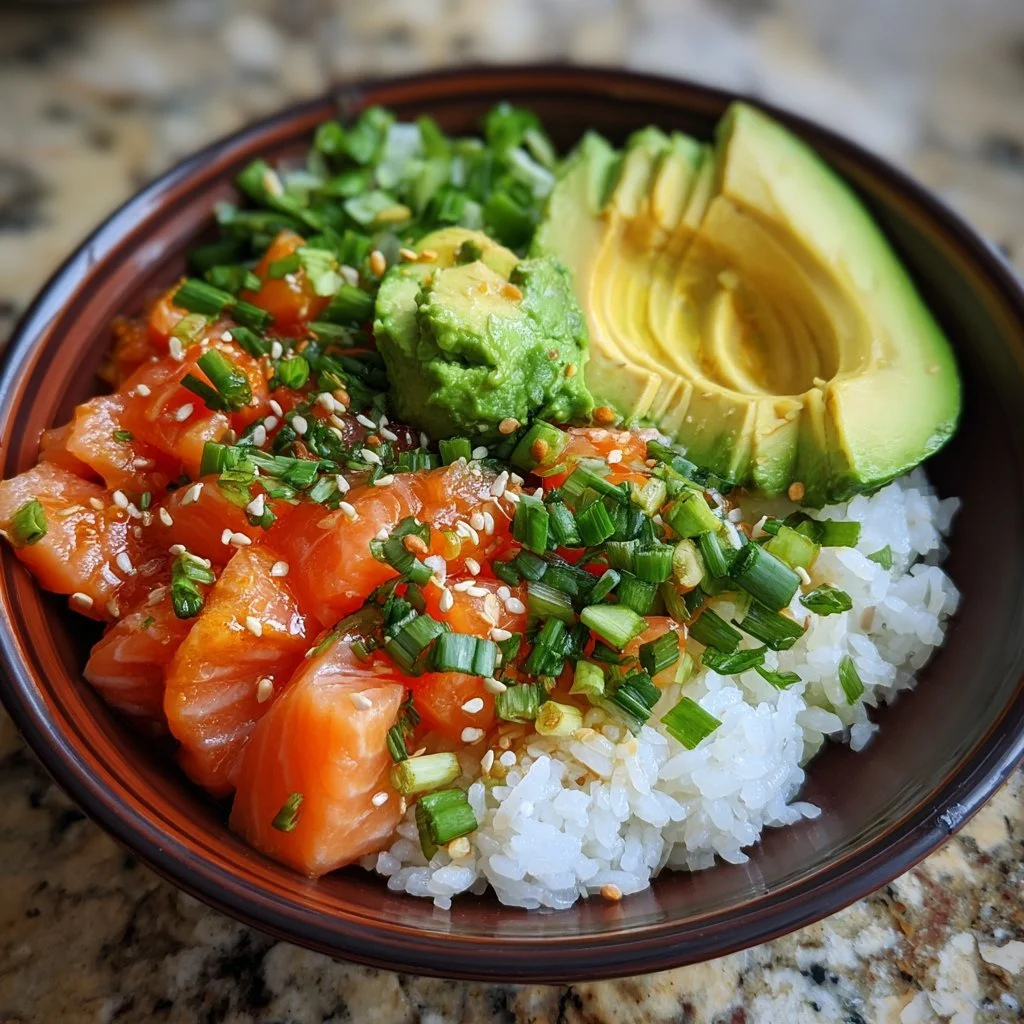 Poke bowl di salmone e avocado fresco e gustoso.