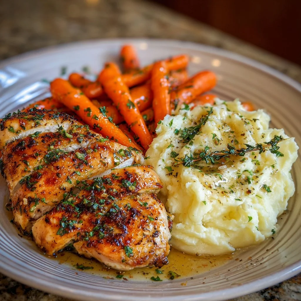 Pollo alle erbe e all'aglio accompagnato da purè di patate e carote glassate.