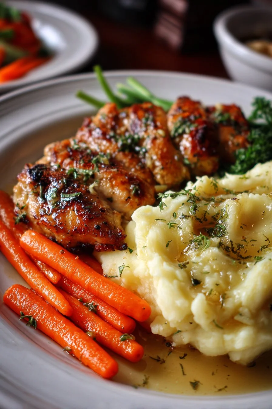 Pollo alle erbe e all'aglio con purè di patate e carote glassate