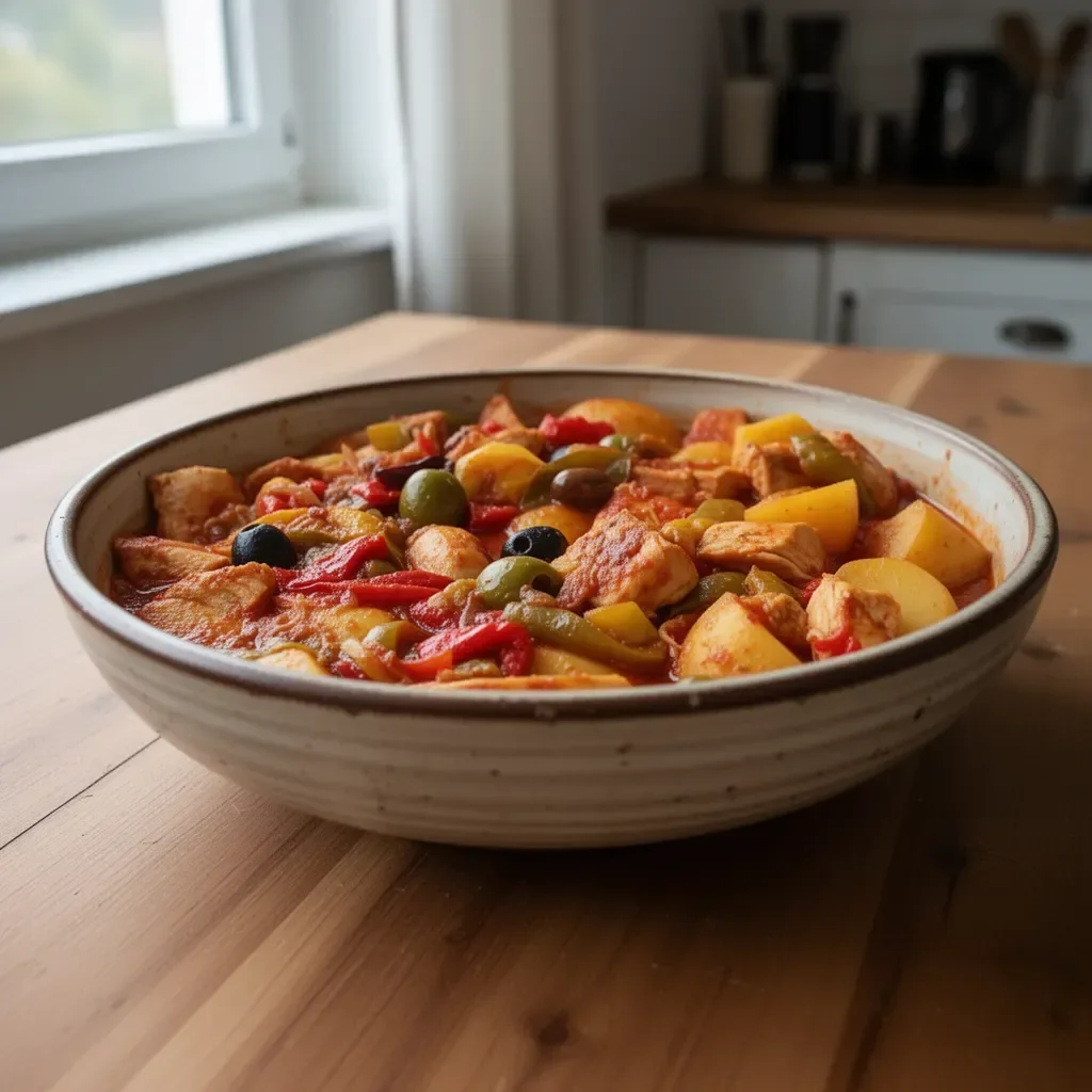 Pollo con peperoni e patate cucinato in salsa di pomodoro