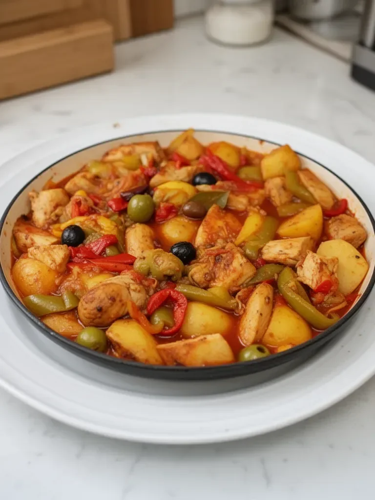 Pollo con peperoni e patate in salsa di pomodoro