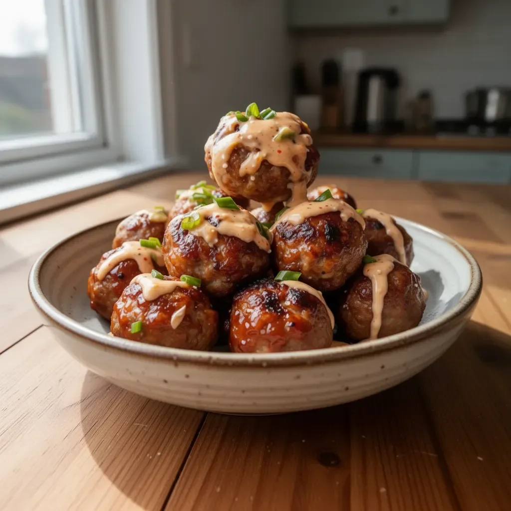 Polpette di carne BBQ coreano con salsa di maionese piccante servite in un piatto