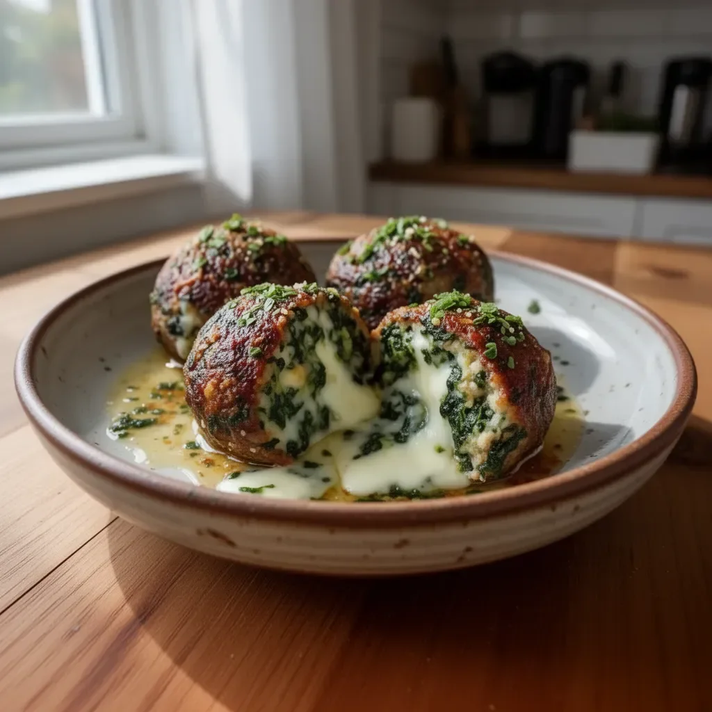 Polpette di carne con spinaci, aglio e mozzarella filante.