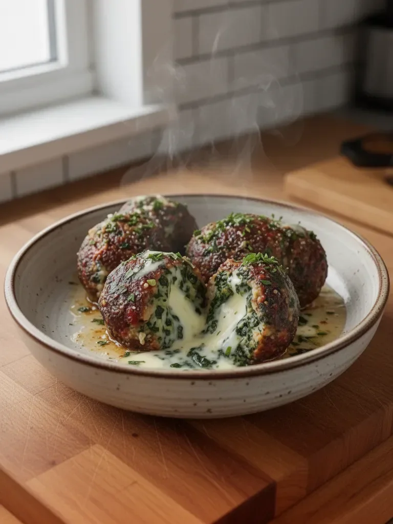 Polpette di carne con spinaci e aglio farcite con mozzarella