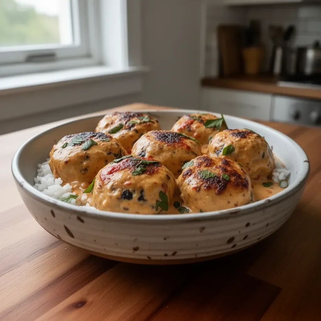 Polpette di Pollo allo Zenzero e Salsa di Arachidi su un piatto decorativo