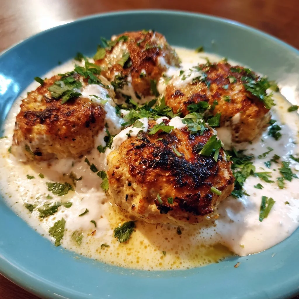 Polpette di pollo servite con salsa di yogurt all'aglio cremosa su un piatto verde.