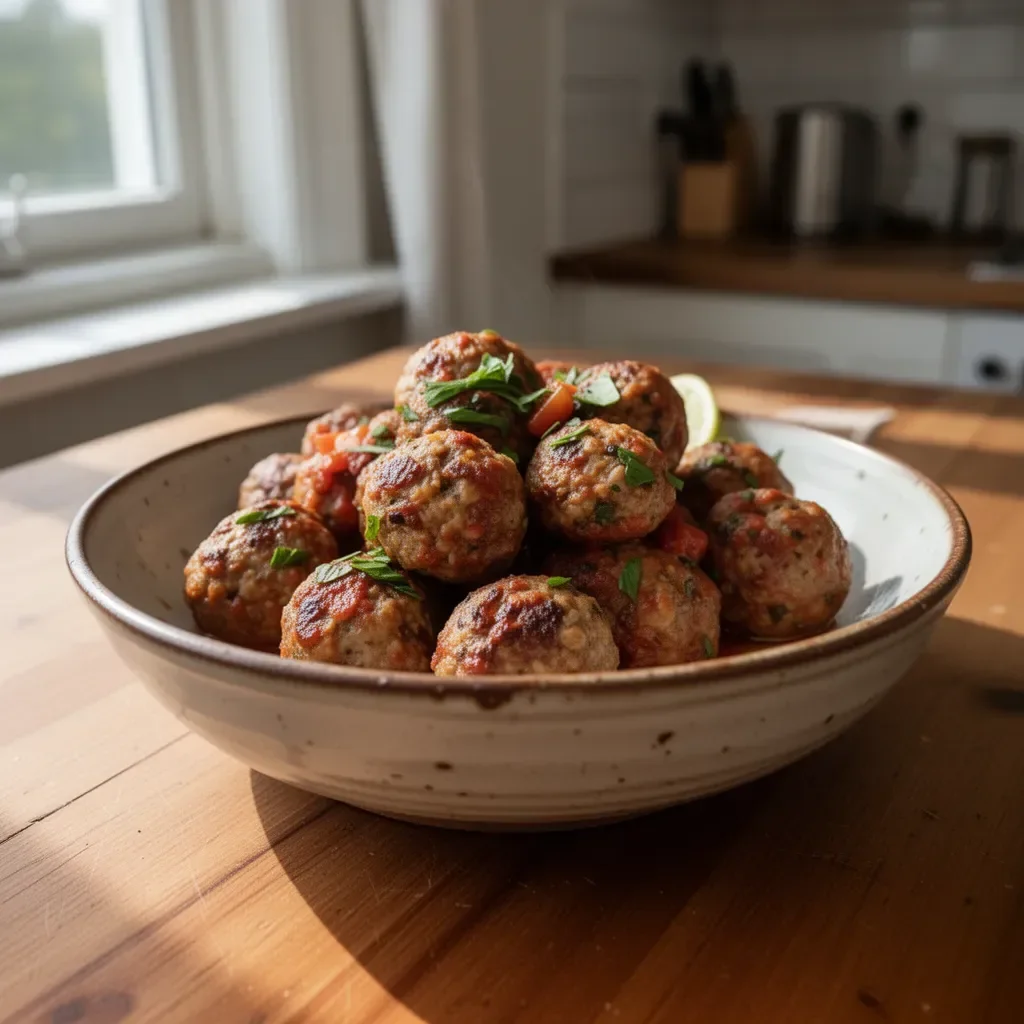 Polpette greche appena sfornate su un piatto con salsa yogurt