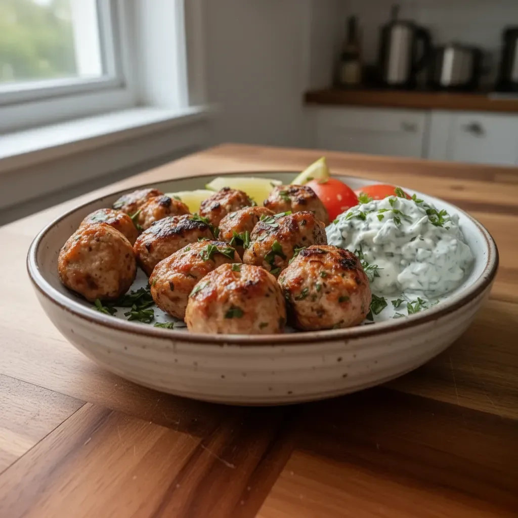 Polpette greche servite con crema di tzatziki su piatto rustico.