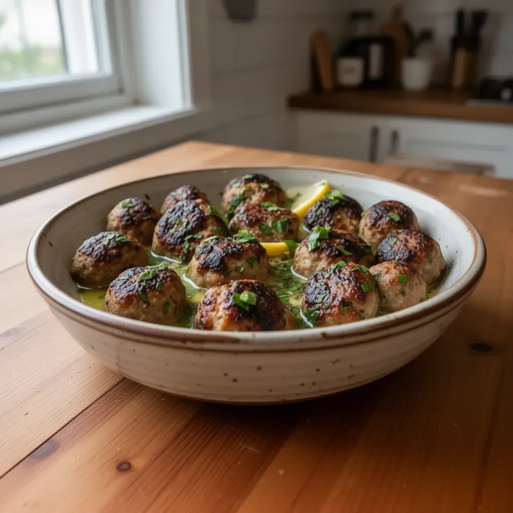 Polpette greche servite con salsa al limone.