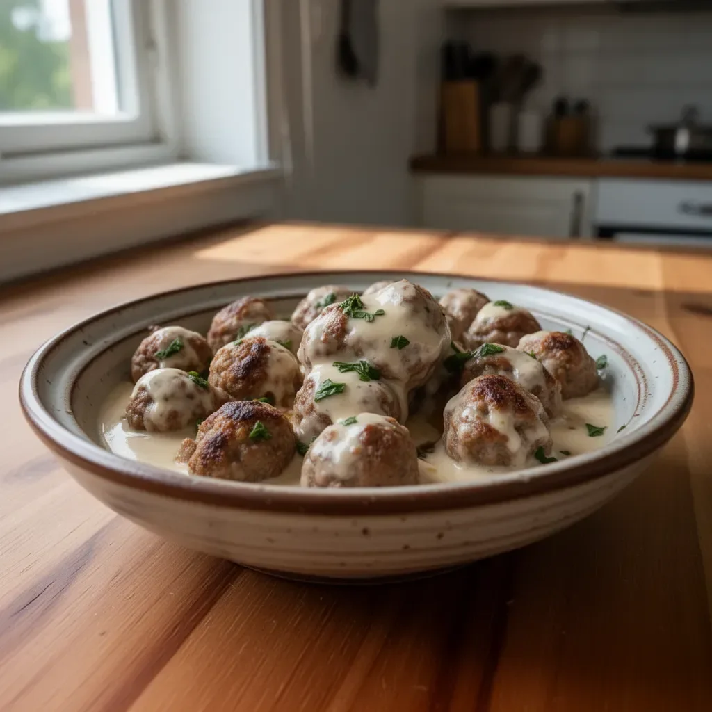 Polpette svedesi servite con salsa e purè di patate