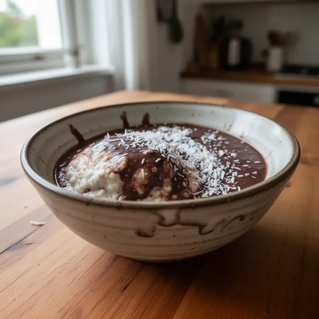 Porridge freddo al cocco e cioccolato in una ciotola colorata