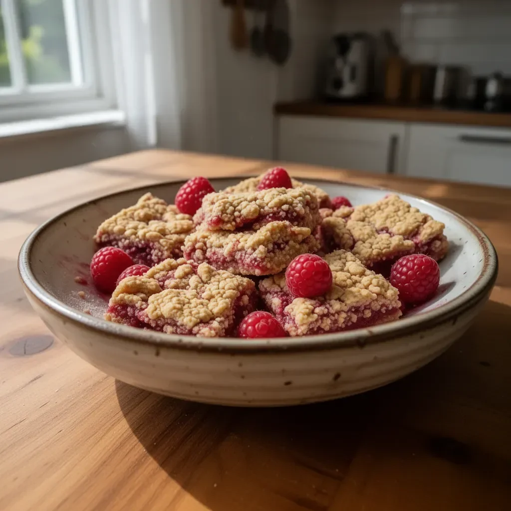 Deliziosi quadretti al lampone con frutta fresca e dolcezza irresistibile.