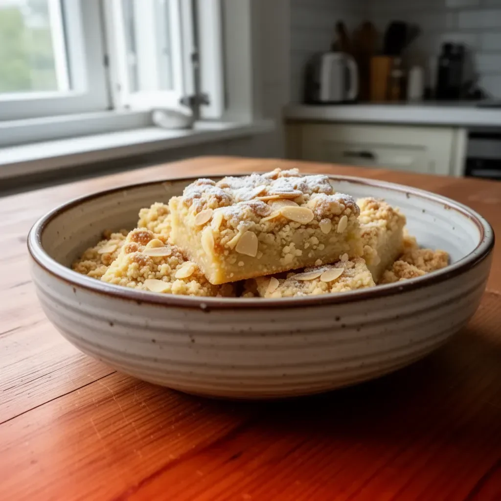 Quadretti di crumble alle mandorle ultra-morbidi pronti da gustare.