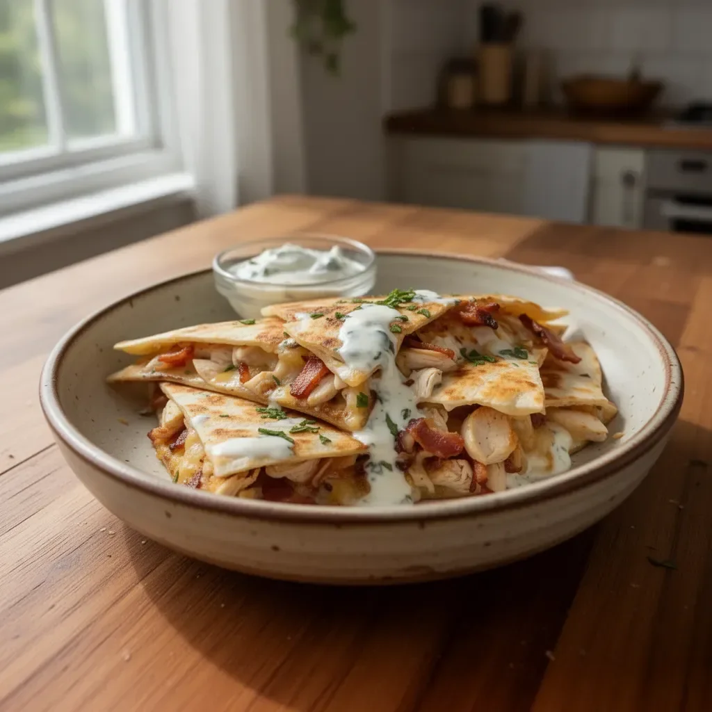 Quesadilla facile con pollo, bacon e salsa ranch pronta da gustare