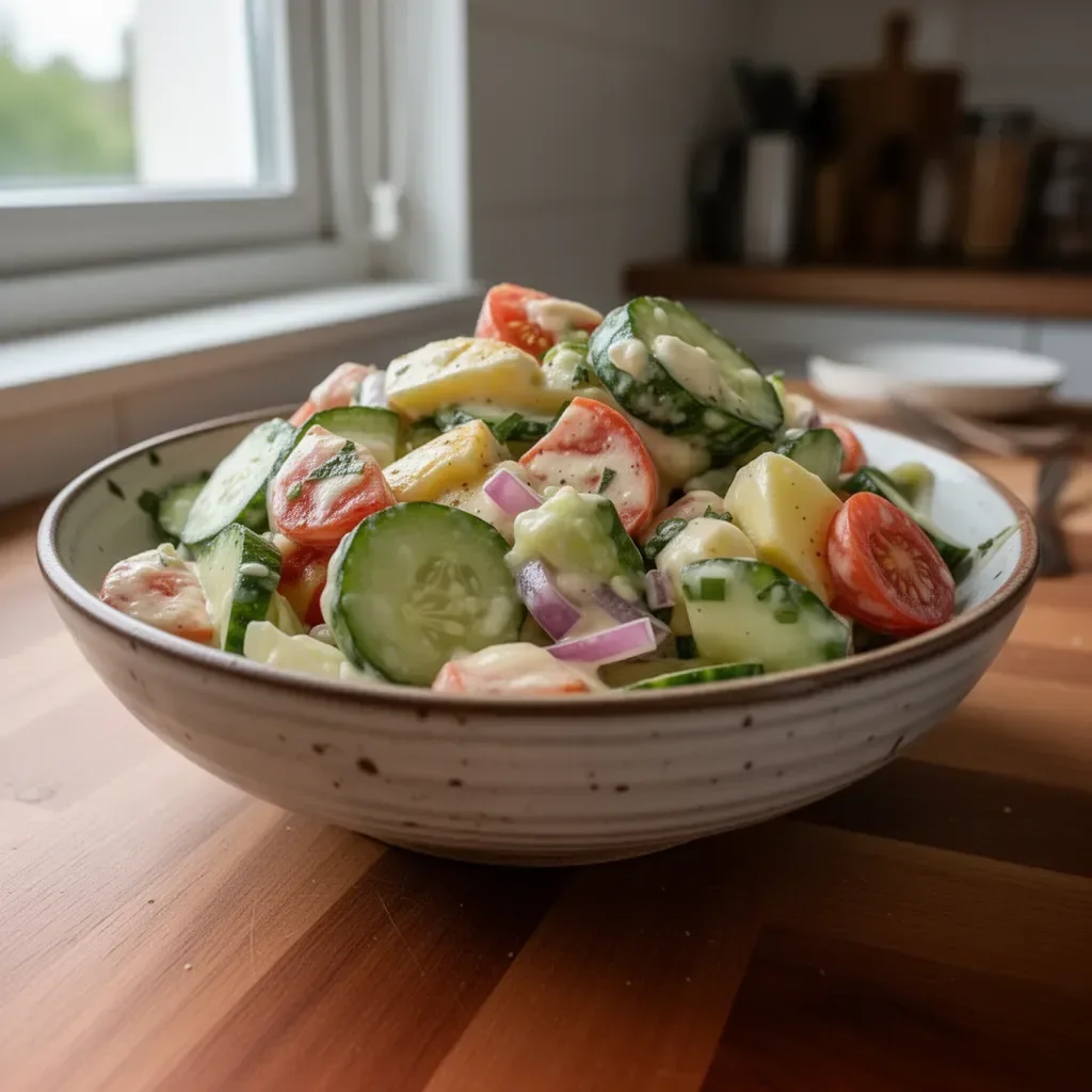 Insalata di cetrioli fresca con pomodori e cipolla in un piatto elegante