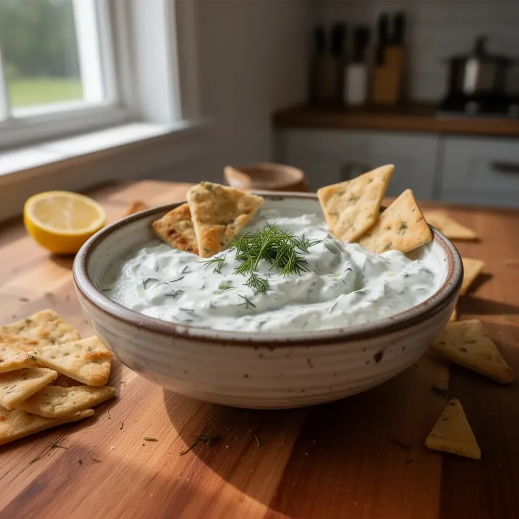 Salsa tzatziki fresca con yogurt e cetriolo in una ciotola