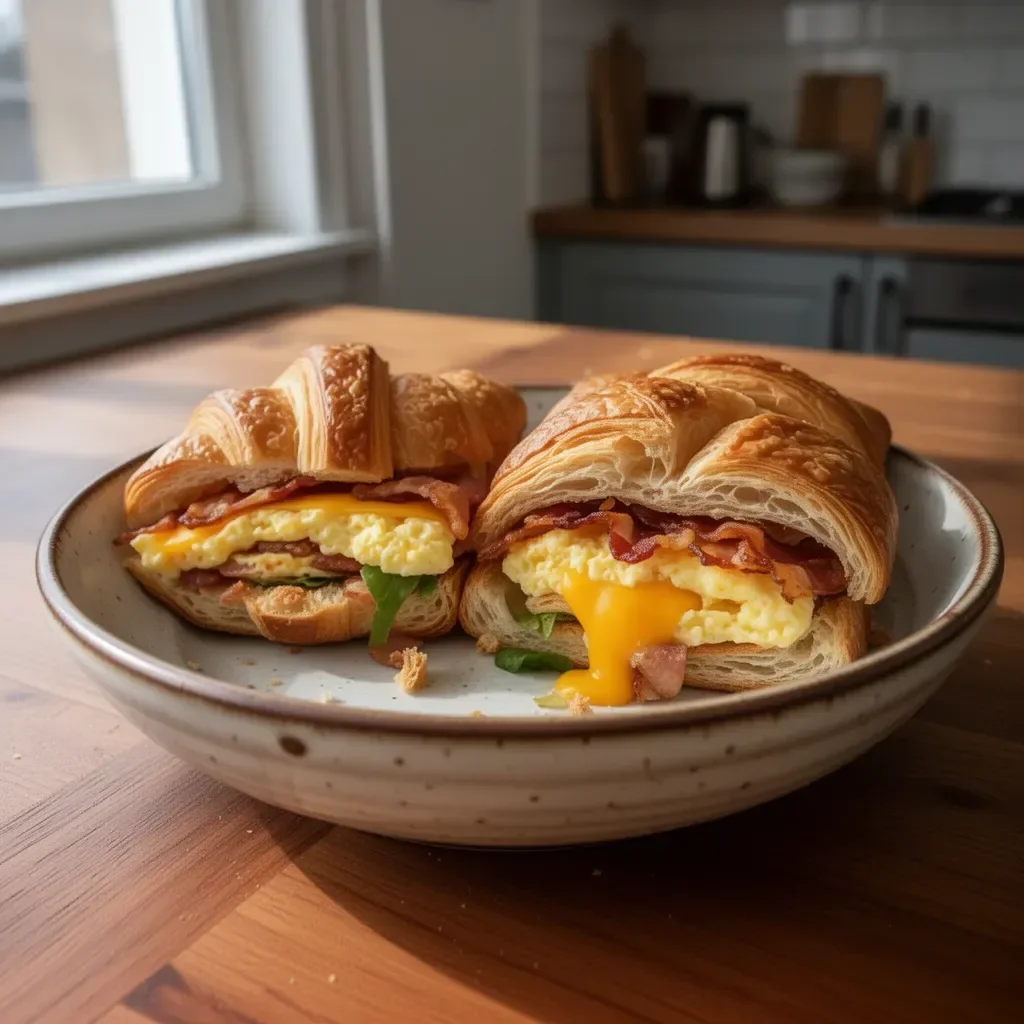 Sandwich di colazione con croissant farcito e ingredienti freschi.
