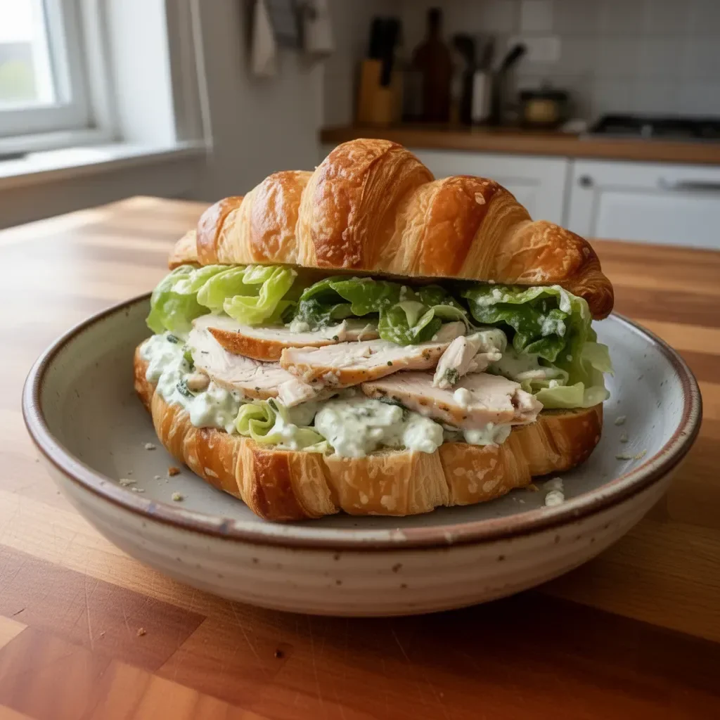 Sandwich croissant con pollo César, un piatto gustoso e croccante