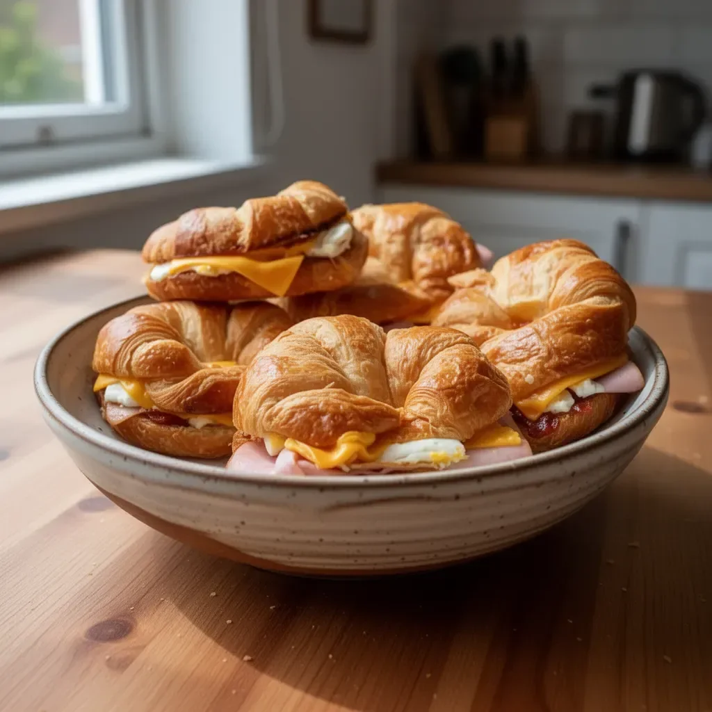 Sandwich per la colazione con croissant ripieno di prosciutto e formaggio