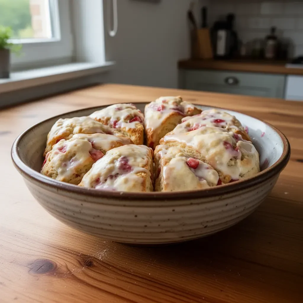 Scones freschi alle fragole su un piatto bianco