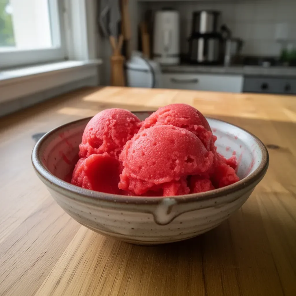 Sorbetto di fragole fatto in casa, dessert estivo fresco e salutare.