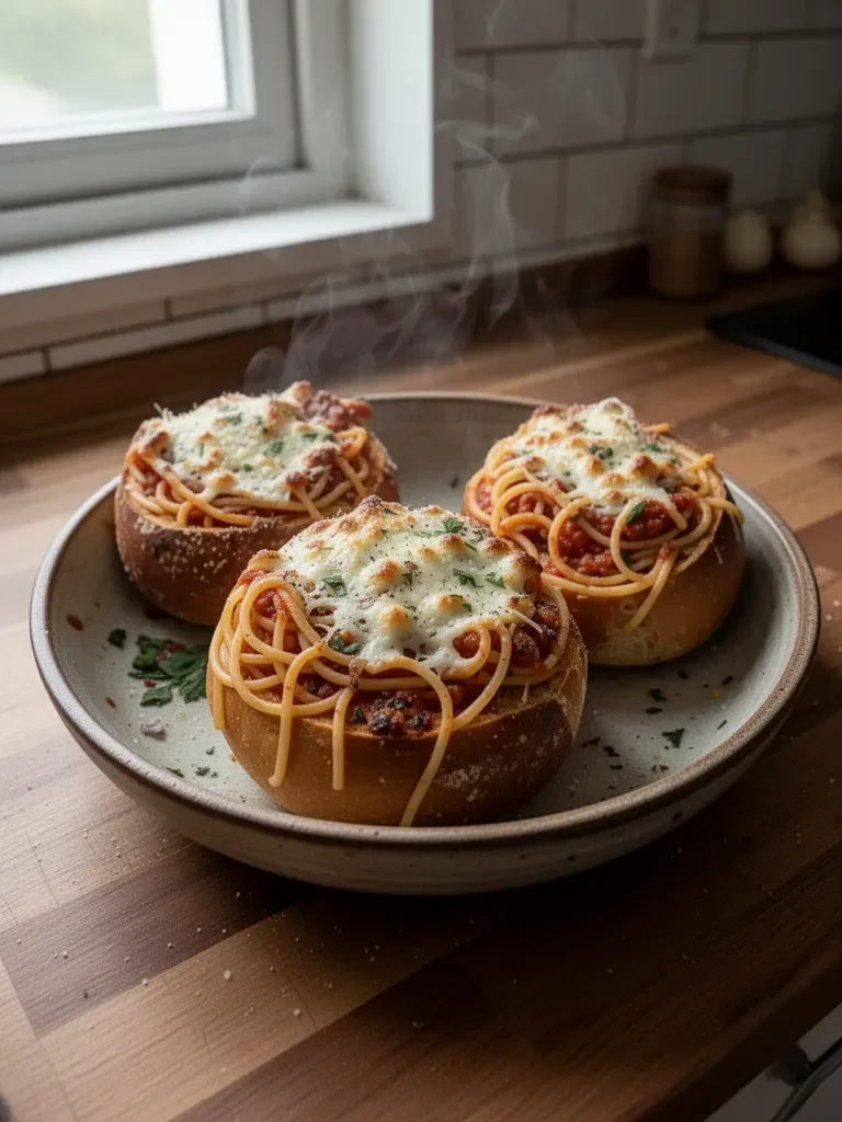 Spaghetti al Forno in Ciotole di Pane all'Aglio