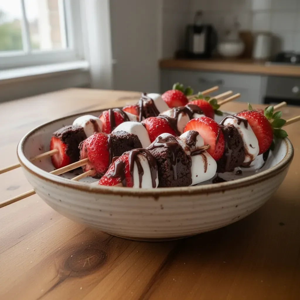Spiedini di brownies alle fragole serviti su un piatto colorato.