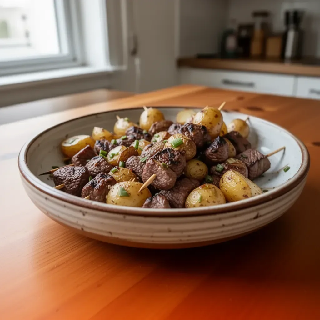 Deliziosi Spiedini di Manzo serviti con Patate Arrostite