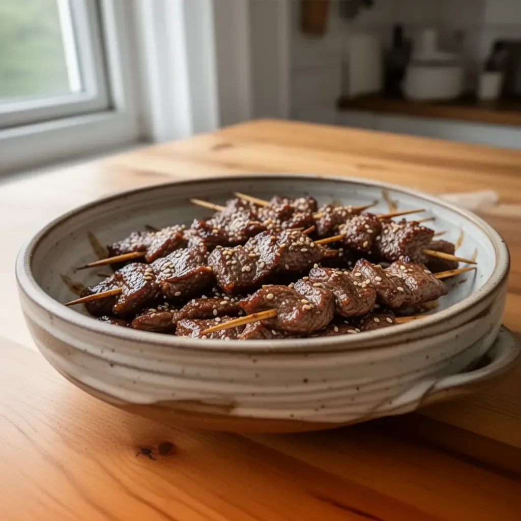 Spiedini di manzo teriyaki al sesamo su un piatto decorato