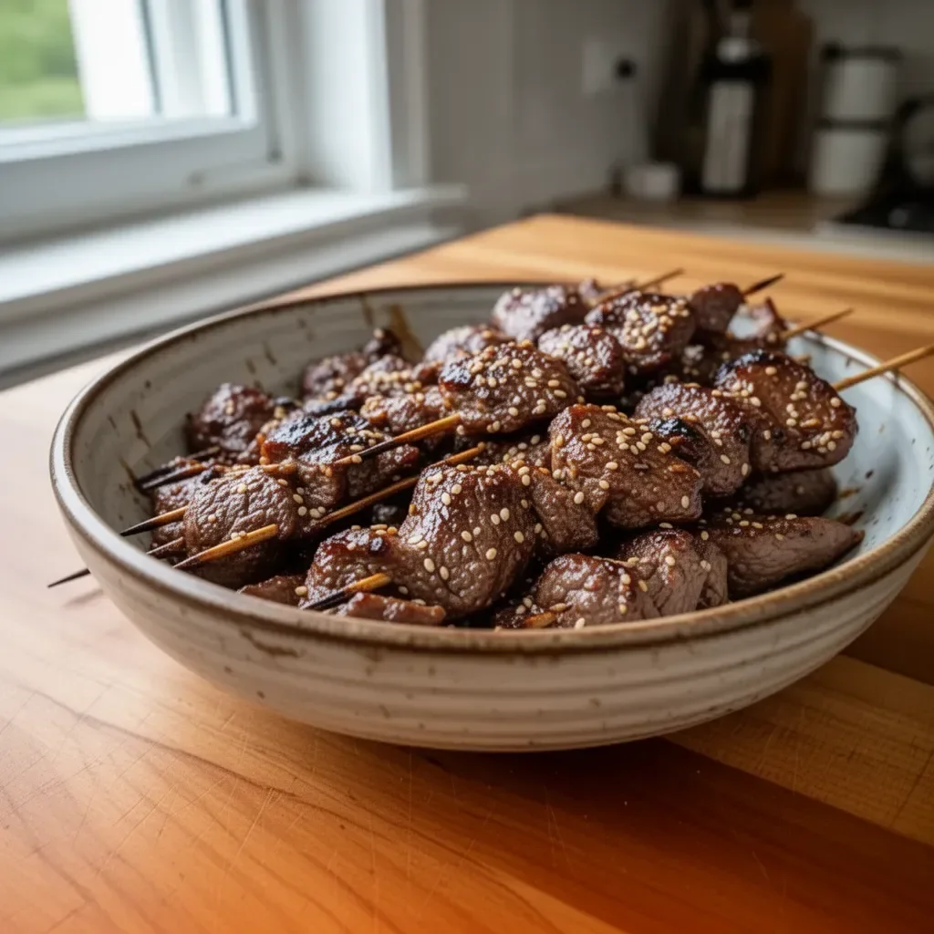 Spiedini di manzo teriyaki con sesamo su un piatto elegante