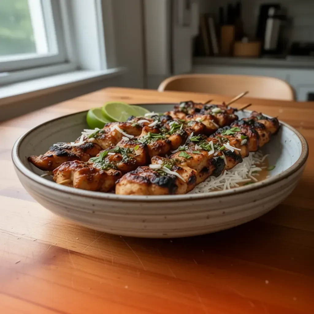 Spiedini di Pollo grigliato al latte di cocco Thai su un piatto